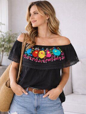 Boho Embroidered Off Shoulder Top Black Mexican Floral Peasant Blouse Medium